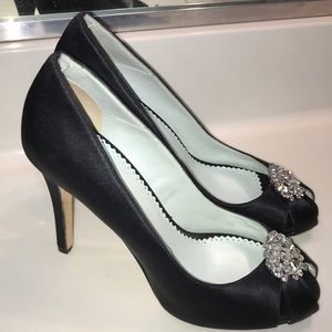 Grazia Women’s Black Satin Rhinestone Jewel Embellished Peep Toe Stiletto Heels